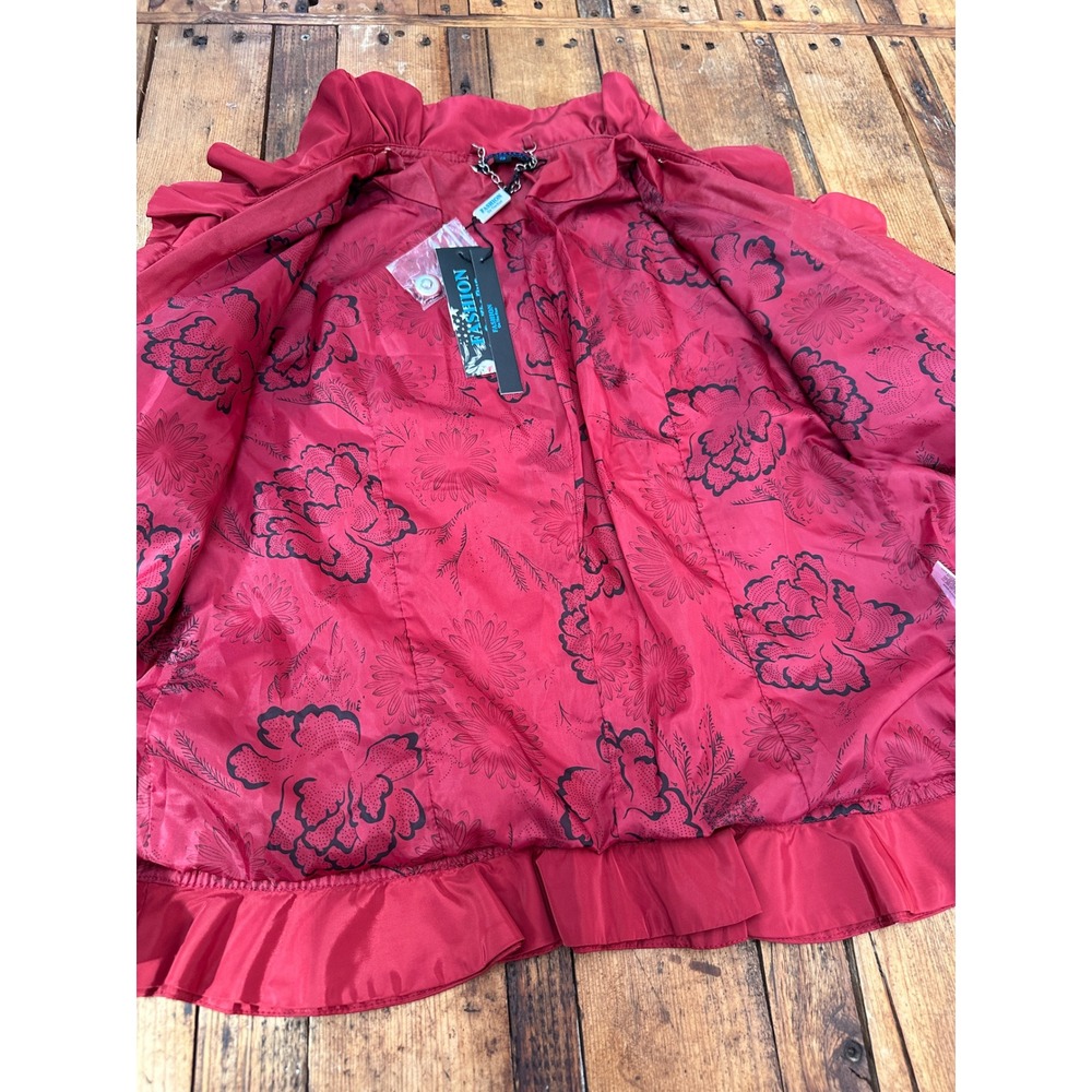 Red Ruffle Faux Leather Jacket Small Moto Biker Cropped Fashion On The Run - Picture 13 of 14